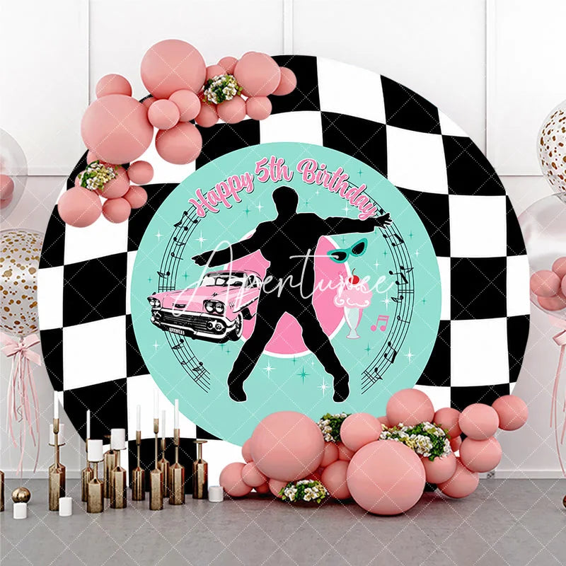 Aperturee - Aperturee Black and White Checkered 1950s Rock and Roll Happy 5th Birthday Round Backdrop Retro Car and Milkshake Party Decor