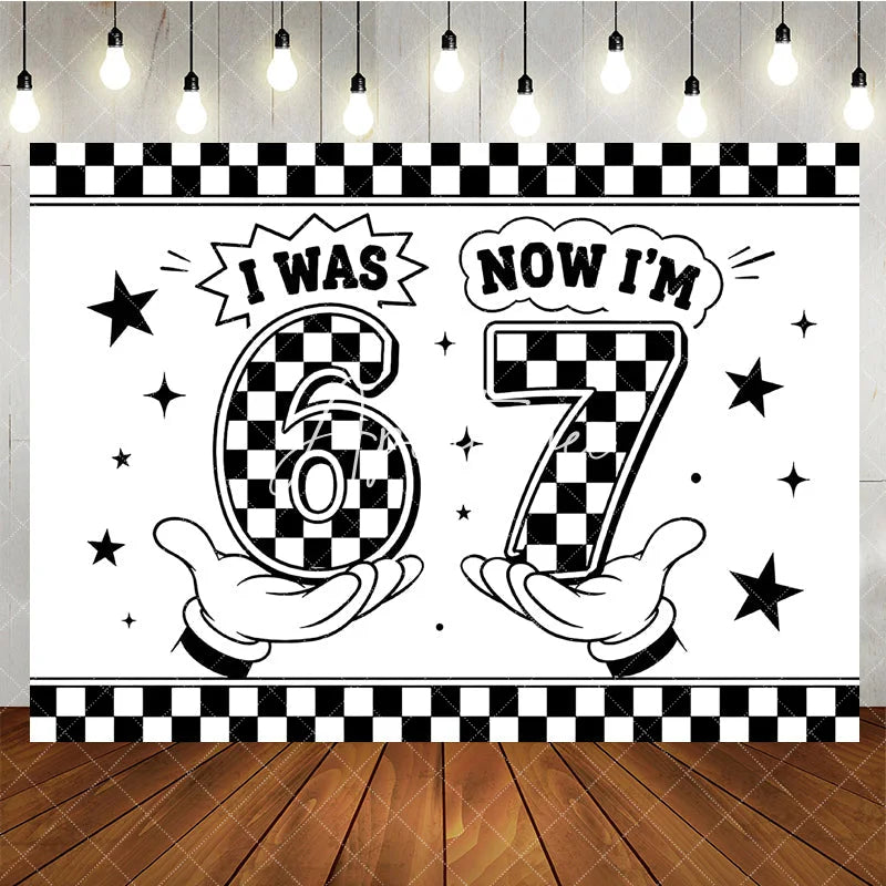 Aperturee - Aperturee Black and White Checkered Now 7th Birthday Backdrop Retro Cartoon Style Party Decoration