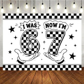 Aperturee - Aperturee Black and White Checkered Now 7th Birthday Backdrop Retro Cartoon Style Party Decoration