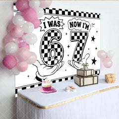 Aperturee - Aperturee Black and White Checkered Now 7th Birthday Backdrop Retro Cartoon Style Party Decoration