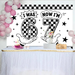 Aperturee - Aperturee Black and White Checkered Now 7th Birthday Backdrop Retro Cartoon Style Party Decoration