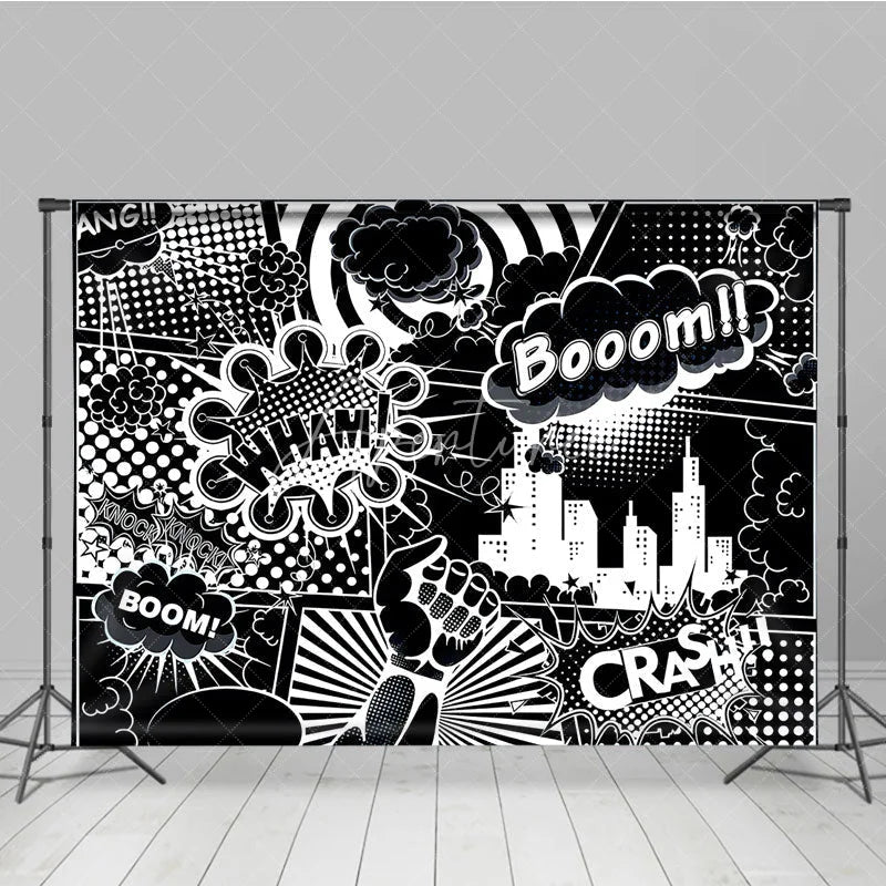 Aperturee - Aperturee Black and White Comic Book City Backdrop Superhero Action Words Wham Boom Crash Party Banner