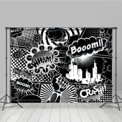 Aperturee - Aperturee Black and White Comic Book City Backdrop Superhero Action Words Wham Boom Crash Party Banner