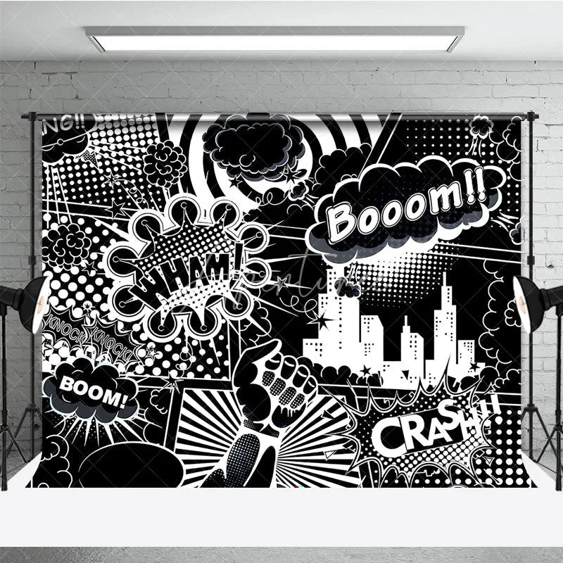 Aperturee - Aperturee Black and White Comic Book City Backdrop Superhero Action Words Wham Boom Crash Party Banner