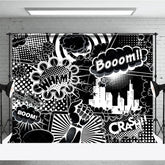 Aperturee - Aperturee Black and White Comic Book City Backdrop Superhero Action Words Wham Boom Crash Party Banner