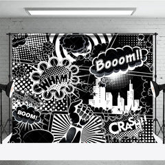 Aperturee - Aperturee Black and White Comic Book City Backdrop Superhero Action Words Wham Boom Crash Party Banner