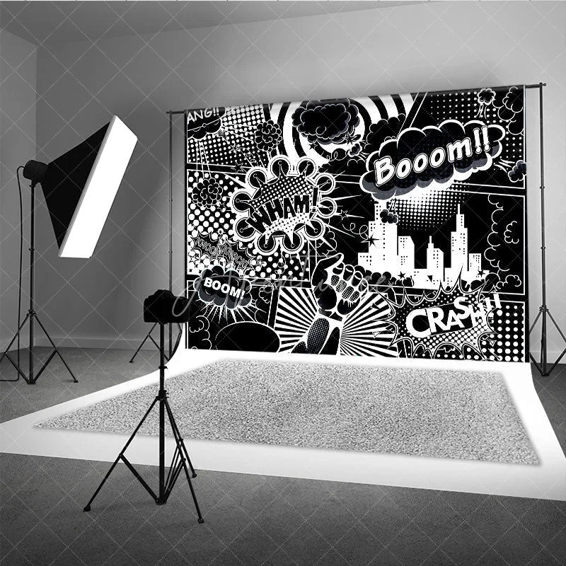Aperturee - Aperturee Black and White Comic Book City Backdrop Superhero Action Words Wham Boom Crash Party Banner