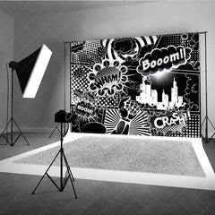 Aperturee - Aperturee Black and White Comic Book City Backdrop Superhero Action Words Wham Boom Crash Party Banner