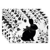 Aperturee - Aperturee Black and White Easter Bunny Set of 4 Placemats Floral Silhouette Rabbit Table Mats for Spring