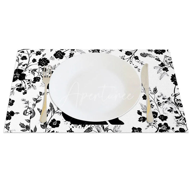 Aperturee - Aperturee Black and White Easter Bunny Set of 4 Placemats Floral Silhouette Rabbit Table Mats for Spring
