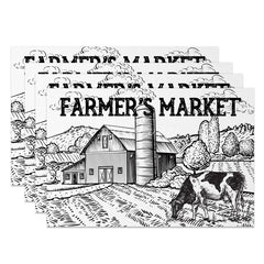 Aperturee - Aperturee Black and White Farm Scene Style Set of 4 Placemats for Rustic Country and Modern Farmhouse Kitchen Decor