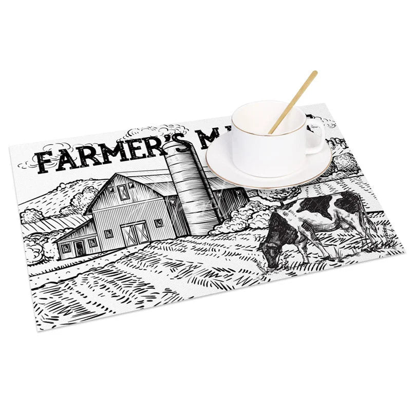Aperturee - Aperturee Black and White Farm Scene Style Set of 4 Placemats for Rustic Country and Modern Farmhouse Kitchen Decor