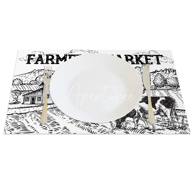 Aperturee - Aperturee Black and White Farm Scene Style Set of 4 Placemats for Rustic Country and Modern Farmhouse Kitchen Decor