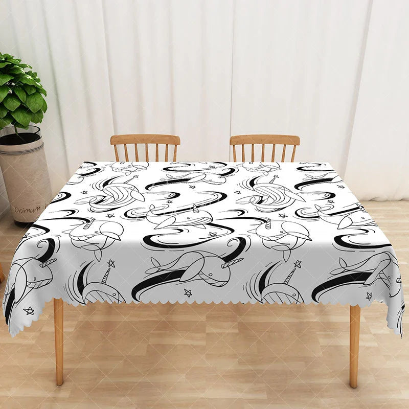 Aperturee - Aperturee Black and White Fish Totem Tablecloth for Modern Coastal Nautical or Minimalist Dining Decor