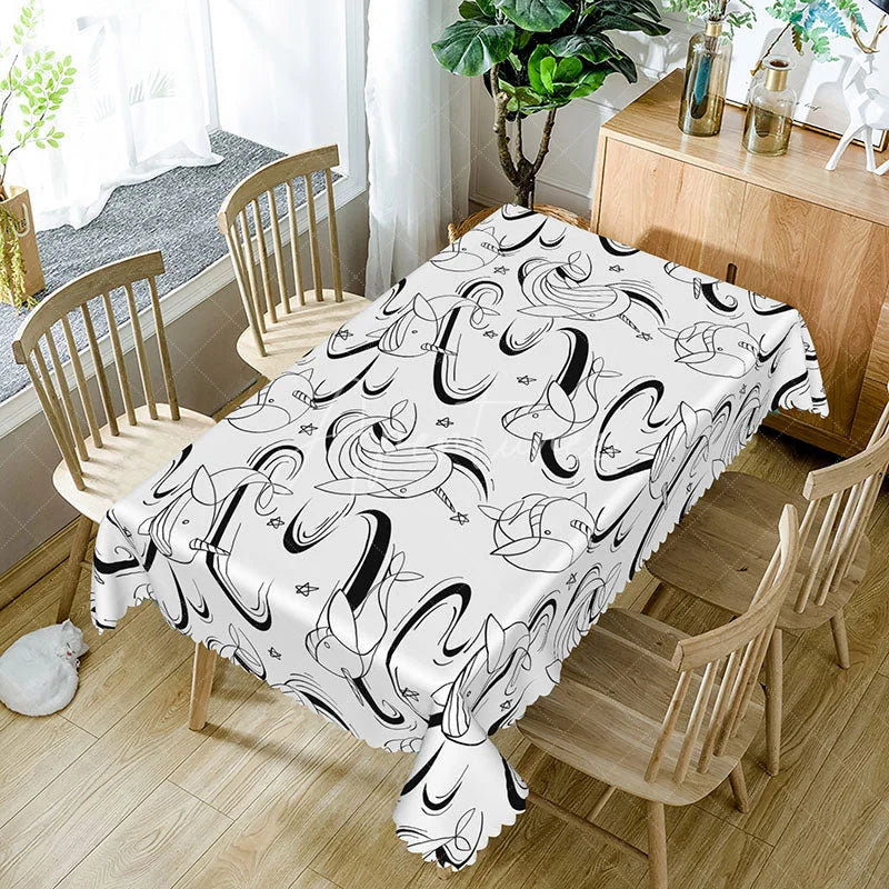 Aperturee - Aperturee Black and White Fish Totem Tablecloth for Modern Coastal Nautical or Minimalist Dining Decor