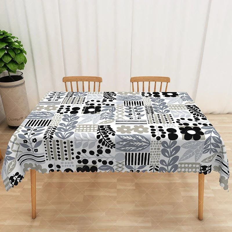 Aperturee - Aperturee Black and White Floral Leaf Rectangle Tablecloth for Modern Botanical and Minimalist Dining Decor