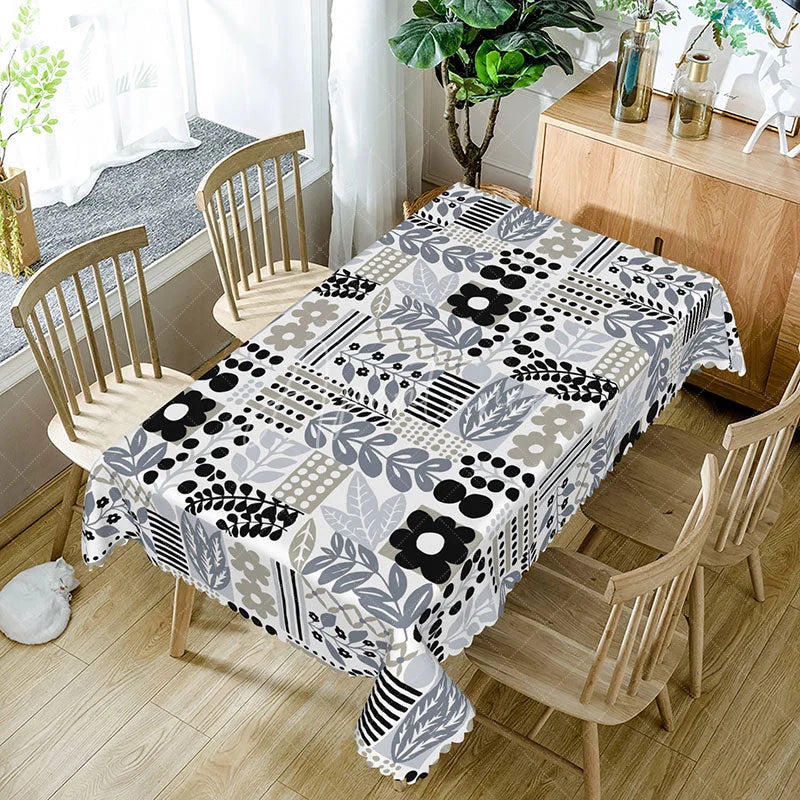 Aperturee - Aperturee Black and White Floral Leaf Rectangle Tablecloth for Modern Botanical and Minimalist Dining Decor
