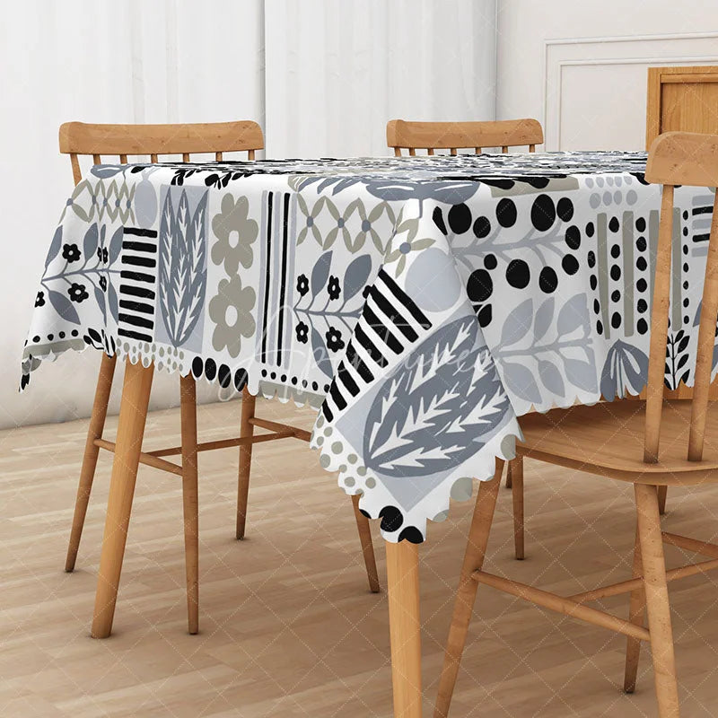 Aperturee - Aperturee Black and White Floral Leaf Rectangle Tablecloth for Modern Botanical and Minimalist Dining Decor