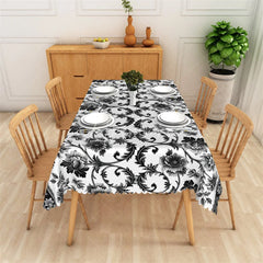 Aperturee - Aperturee Black and White Floral Scroll Pattern Rectangle Tablecloth Elegant Scalloped Edge for Dining and Party Decor