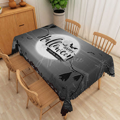 Aperturee - Aperturee Black and White Halloween Rectangle Tablecloth with Bats and Moon for Gothic and Spooky Party Decor