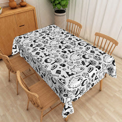 Aperturee - Aperturee Black and White Halloween Rectangle Tablecloth with Ghosts and Bats for Modern Spooky Gothic Decor