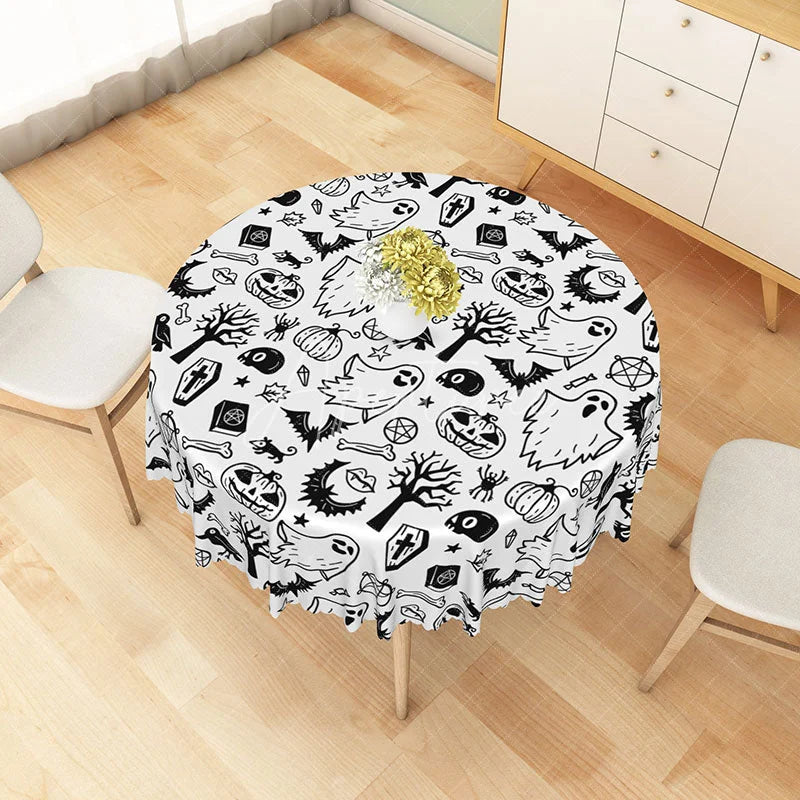 Aperturee - Aperturee Black and White Halloween Round Tablecloth with Cute Ghost Pattern for Modern and Spooky Party Decor