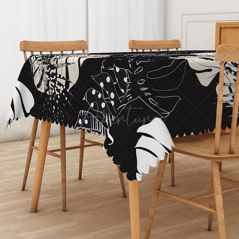Aperturee - Aperturee Black and White Hawaiian Plants Rectangle Tablecloth for Modern Tropical and Minimalist Dining Decor