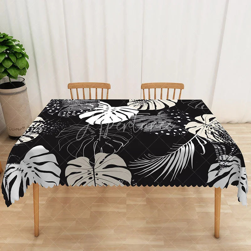 Aperturee - Aperturee Black and White Hawaiian Plants Rectangle Tablecloth for Modern Tropical and Minimalist Dining Decor