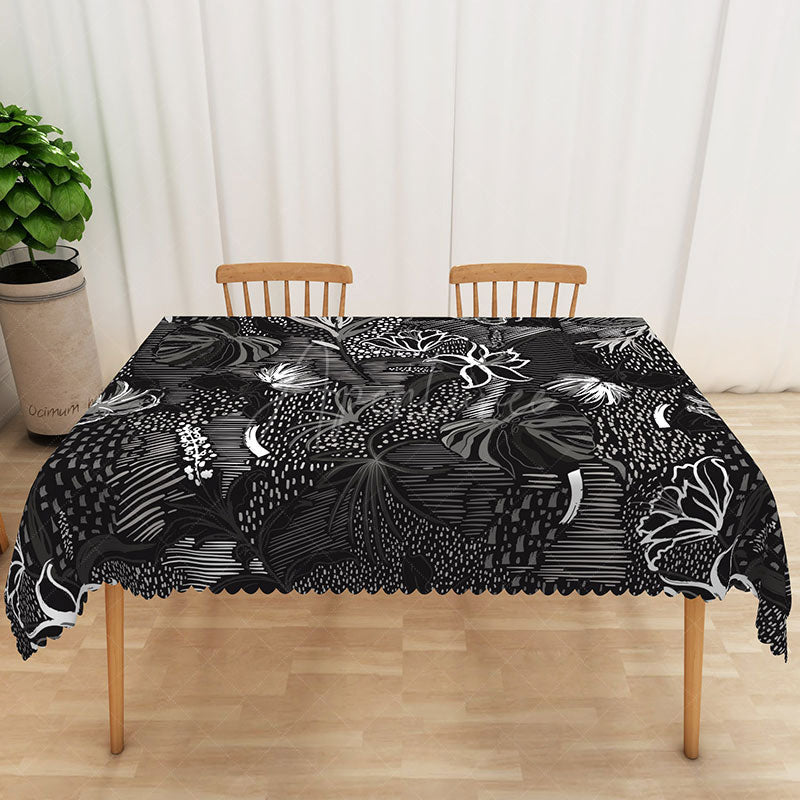 Aperturee - Aperturee Black and White Hawaiian Rectangle Tablecloth Tropical Plants at Night for Modern and Moody Decor