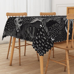 Aperturee - Aperturee Black and White Hawaiian Rectangle Tablecloth Tropical Plants at Night for Modern and Moody Decor