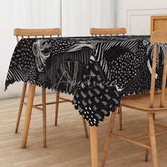Aperturee - Aperturee Black and White Hawaiian Rectangle Tablecloth Tropical Plants at Night for Modern and Moody Decor