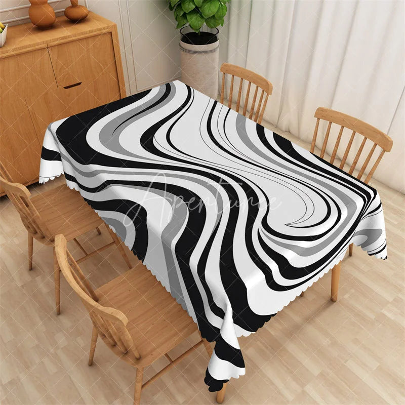 Aperturee - Aperturee Black and White Liquid Swirl Rectangle Tablecloth Grey Abstract Flowing Marble Table Cover Decor