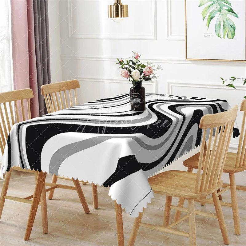 Aperturee - Aperturee Black and White Liquid Swirl Rectangle Tablecloth Grey Abstract Flowing Marble Table Cover Decor
