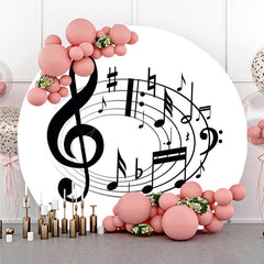 Aperturee - Aperturee Black and White Music Notes Round Backdrop Elegant Treble Clef Birthday Musician or Choir Party Photo Prop