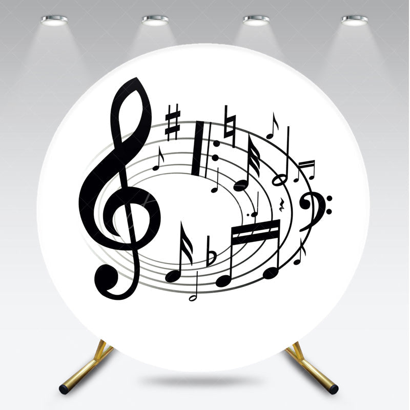 Aperturee - Aperturee Black and White Music Notes Round Backdrop Elegant Treble Clef Birthday Musician or Choir Party Photo Prop