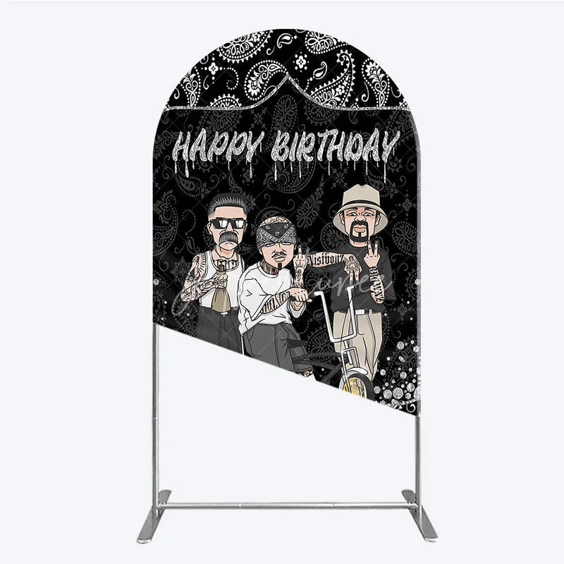 Aperturee - Aperturee Black and White Paisley Happy Birthday Arch Backdrop Kit Urban Chicano Style Party Decor for Men