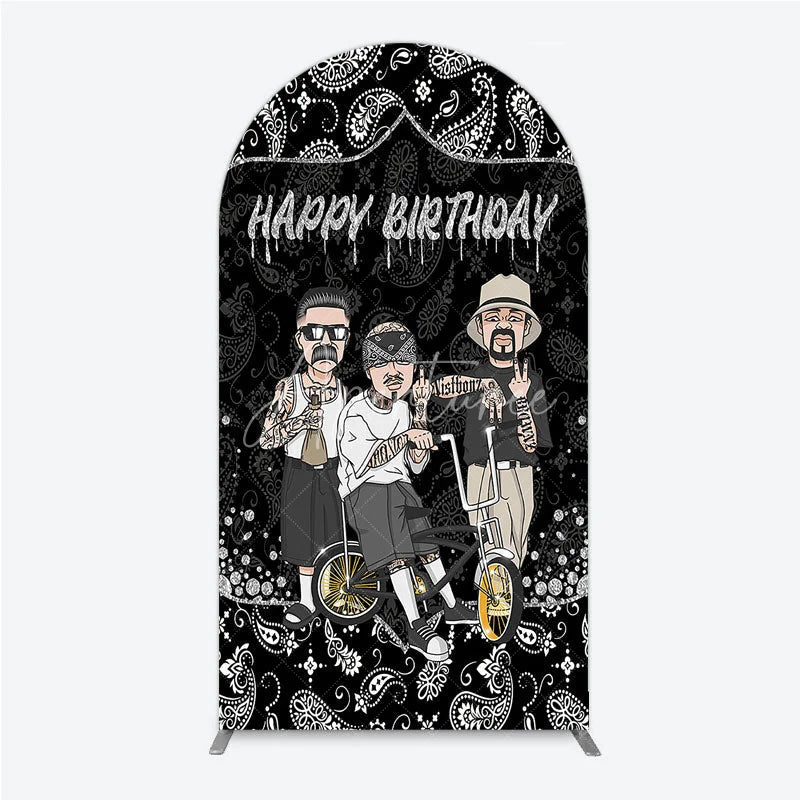 Aperturee - Aperturee Black and White Paisley Happy Birthday Arch Backdrop Kit Urban Chicano Style Party Decor for Men