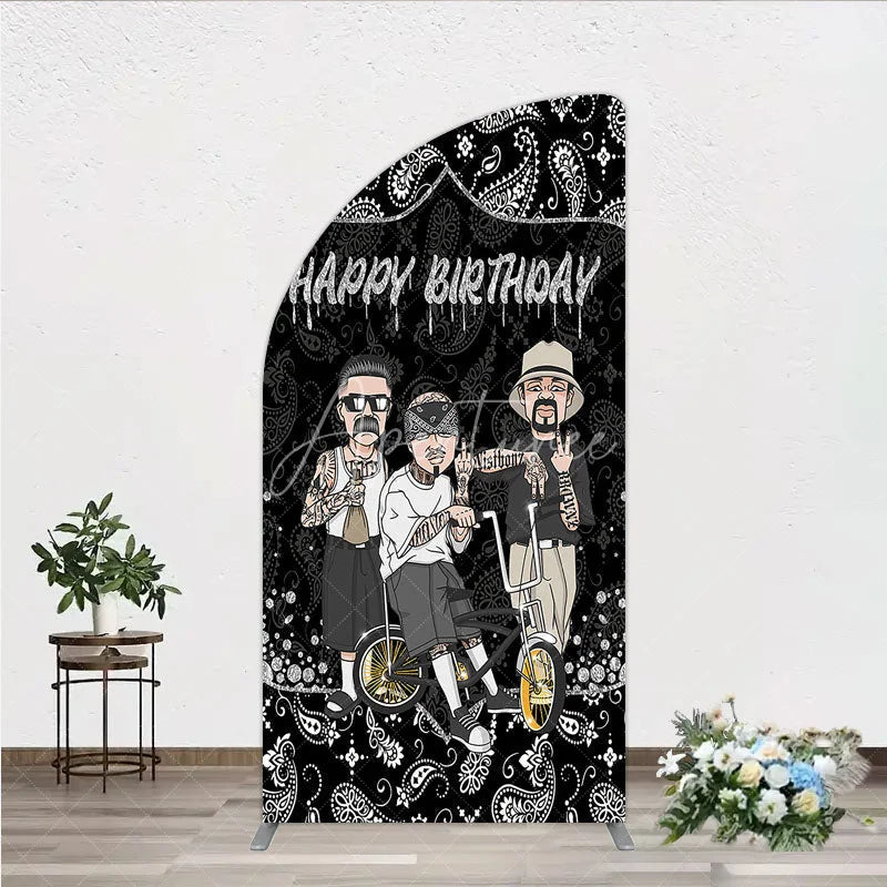 Aperturee - Aperturee Black and White Paisley Happy Birthday Half Moon Arch Backdrop Kit Urban Chicano Style Party Decor for Men