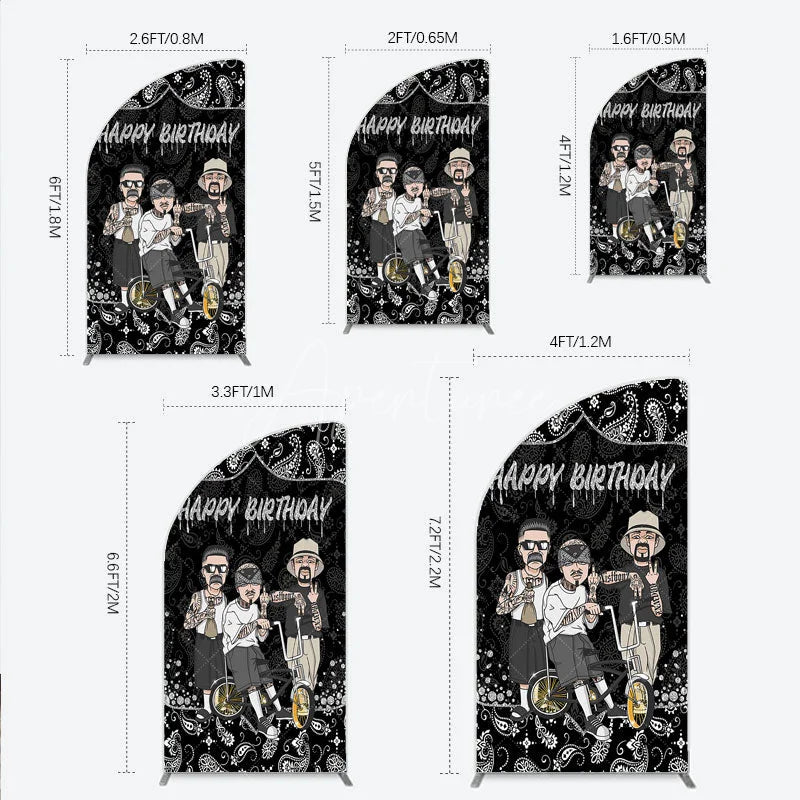 Aperturee - Aperturee Black and White Paisley Happy Birthday Half Moon Arch Backdrop Kit Urban Chicano Style Party Decor for Men