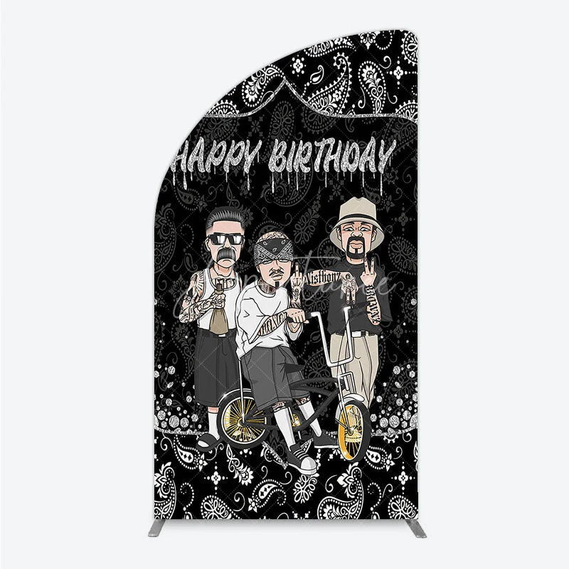 Aperturee - Aperturee Black and White Paisley Happy Birthday Half Moon Arch Backdrop Kit Urban Chicano Style Party Decor for Men