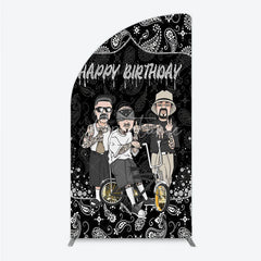 Aperturee - Aperturee Black and White Paisley Happy Birthday Half Moon Arch Backdrop Kit Urban Chicano Style Party Decor for Men