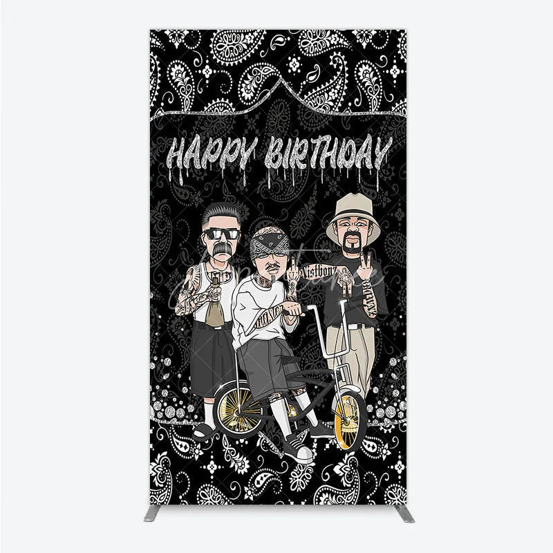 Aperturee - Aperturee Black and White Paisley Happy Birthday Rectangle Backdrop Kit Urban Chicano Style Party Decor for Men