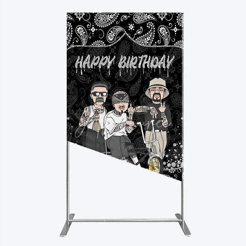 Aperturee - Aperturee Black and White Paisley Happy Birthday Rectangle Backdrop Kit Urban Chicano Style Party Decor for Men