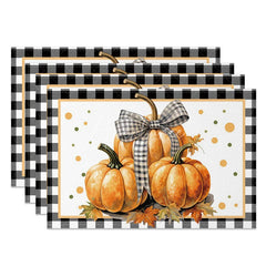 Aperturee - Aperturee Black and White Plaid Pumpkin with Bow Set of 4 Placemats for Farmhouse Fall and Thanksgiving Decor