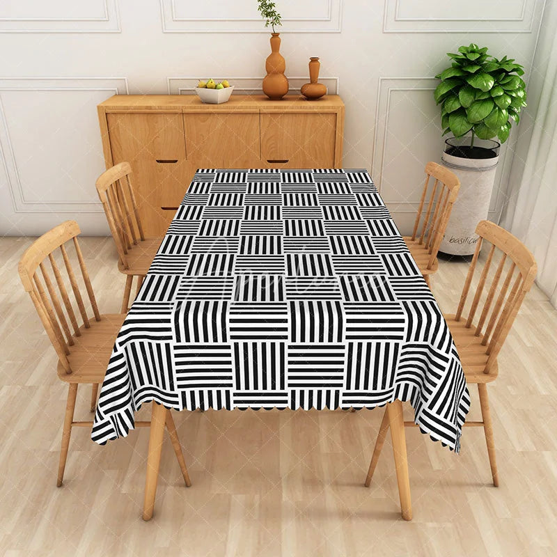 Aperturee - Aperturee Black and White Plaid Rectangle Tablecloth Modern Farmhouse Line Pattern for Kitchen and Dining Decor