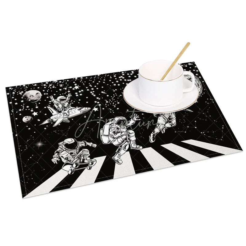 Aperturee - Aperturee Black and White Set of 4 Placemats with Astronaut and Piano Keys for Music and Space Themed Decor