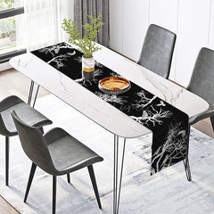 Aperturee - Aperturee Black and White Silhouette Table Runner with Birds on Branches for Modern Minimalist Dining Decor