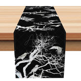 Aperturee - Aperturee Black and White Silhouette Table Runner with Birds on Branches for Modern Minimalist Dining Decor
