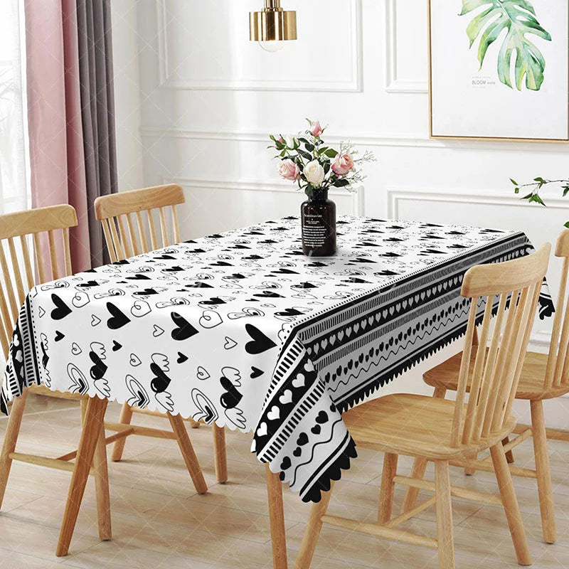 Aperturee - Aperturee Black and White Sketch Heart Rectangle Tablecloth Doodle Love Pattern with Border Minimalist Valentine Decor