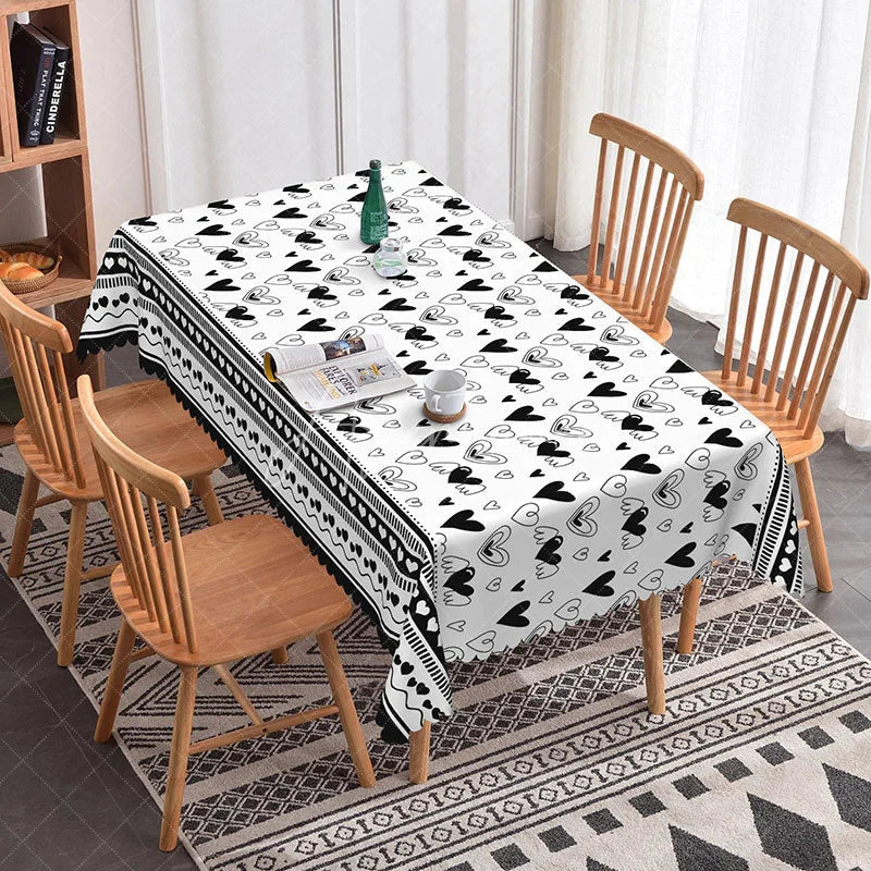 Aperturee - Aperturee Black and White Sketch Heart Rectangle Tablecloth Doodle Love Pattern with Border Minimalist Valentine Decor